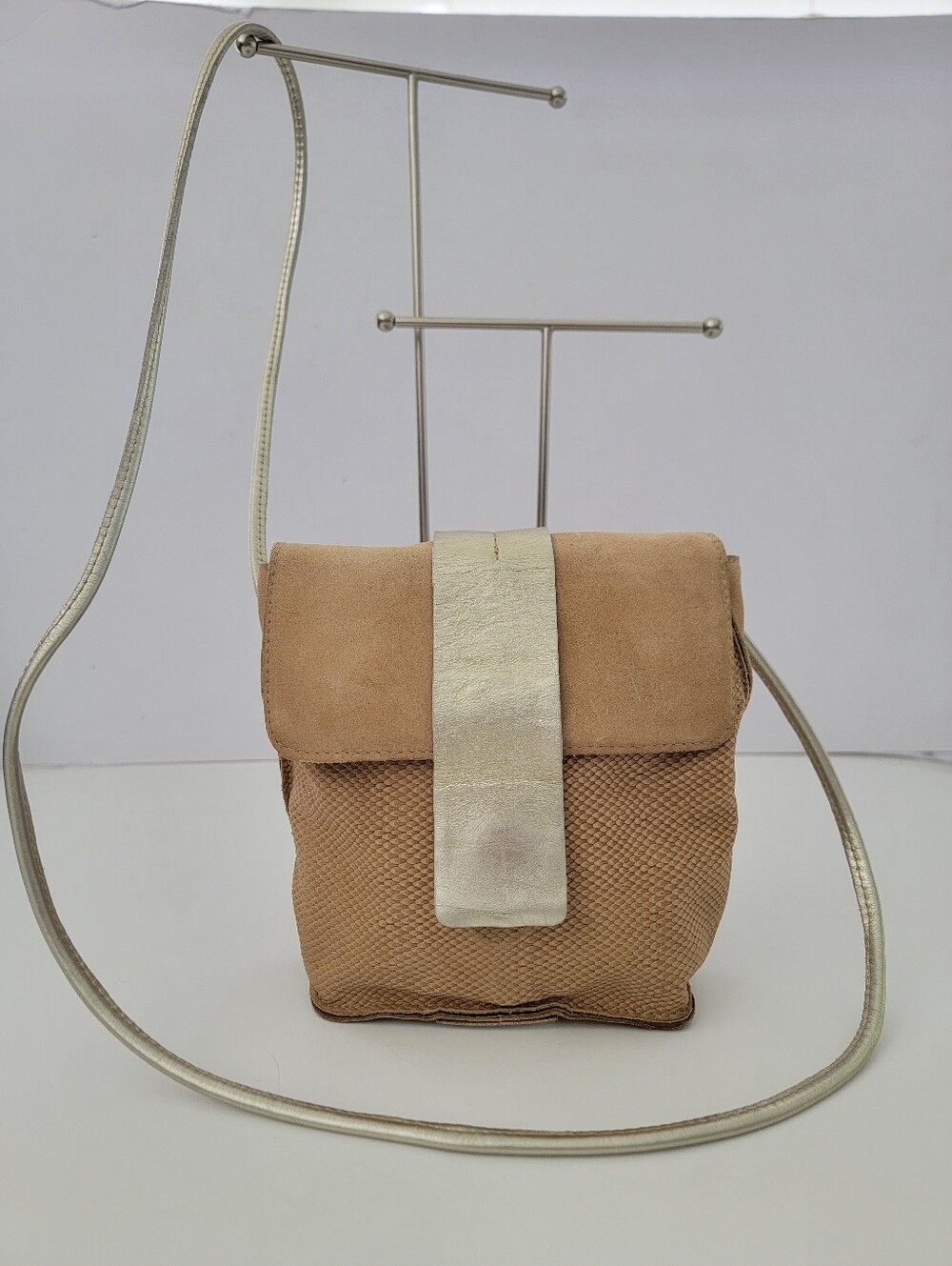 Daniella Lehavi Tan Silver  Leather Crossbody Bag With Metallic Strap Purse